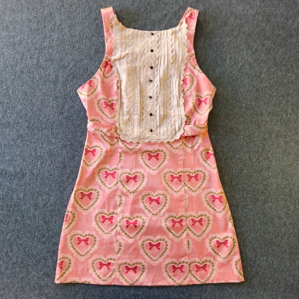 Kimchi Blue UO Dress Pink Heart Bow Lace Bib Mini EUC Coquette Girl Girlhoodcore